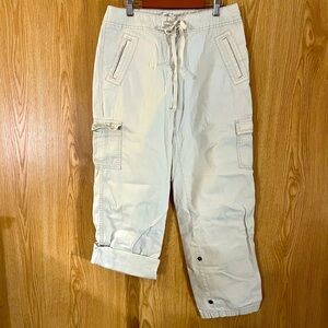 Tan Khaki Cargo Hi-Rise Optional Ankle/ Capris Drawstring Jeans